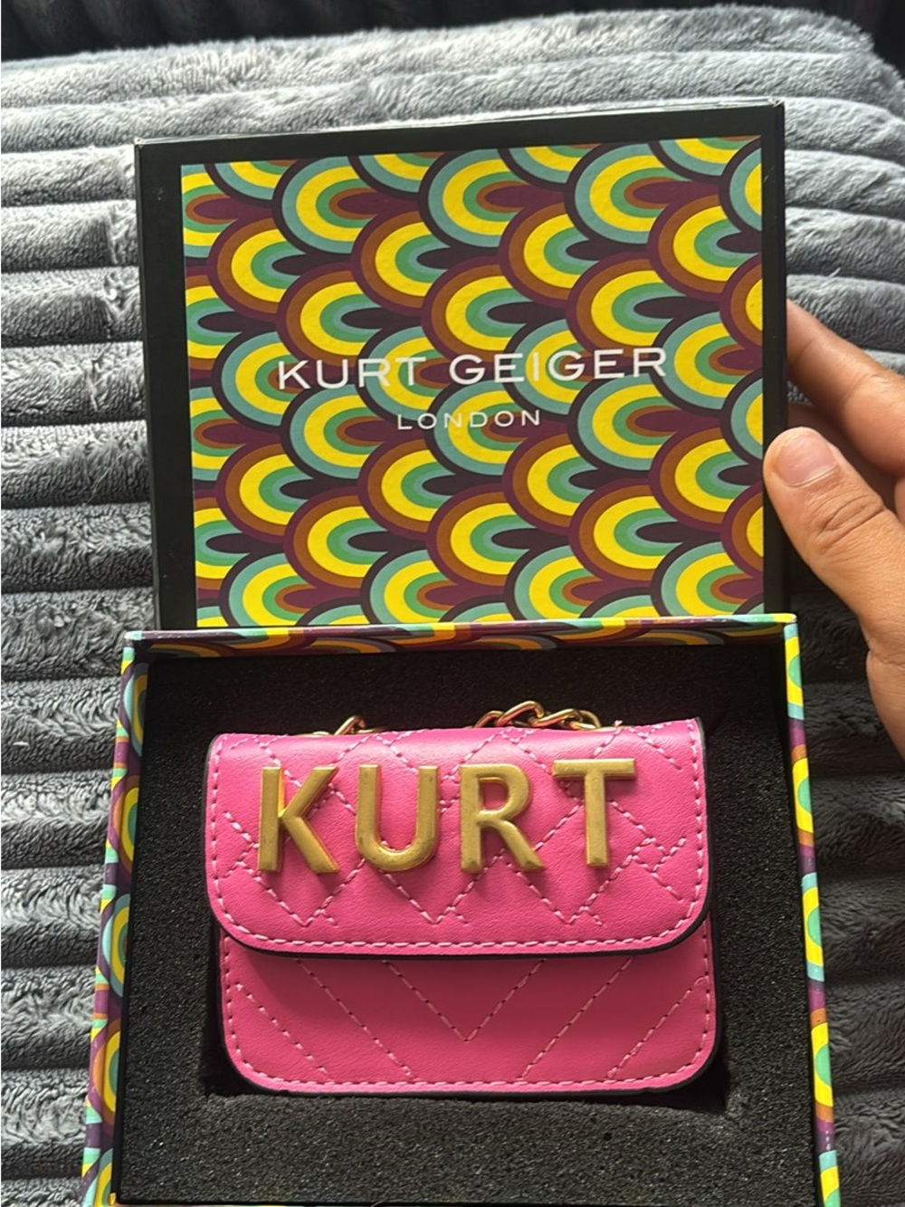 Kurt Geiger Pink Quilted Mini Bag with Gold Lettering and Chain